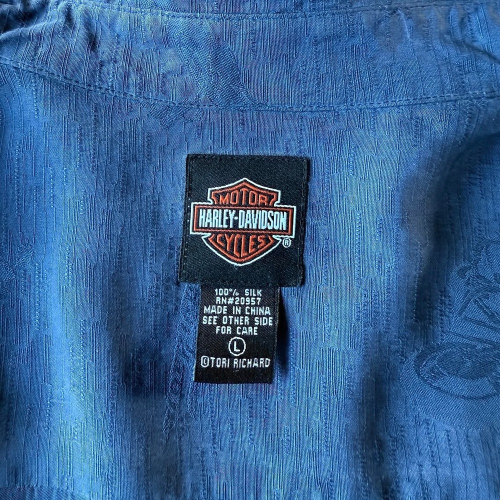 Harley Davidson 100% Silk Motorcycle All Over Embroidery Navy Button Up Mens L - Picture 5 of 9
